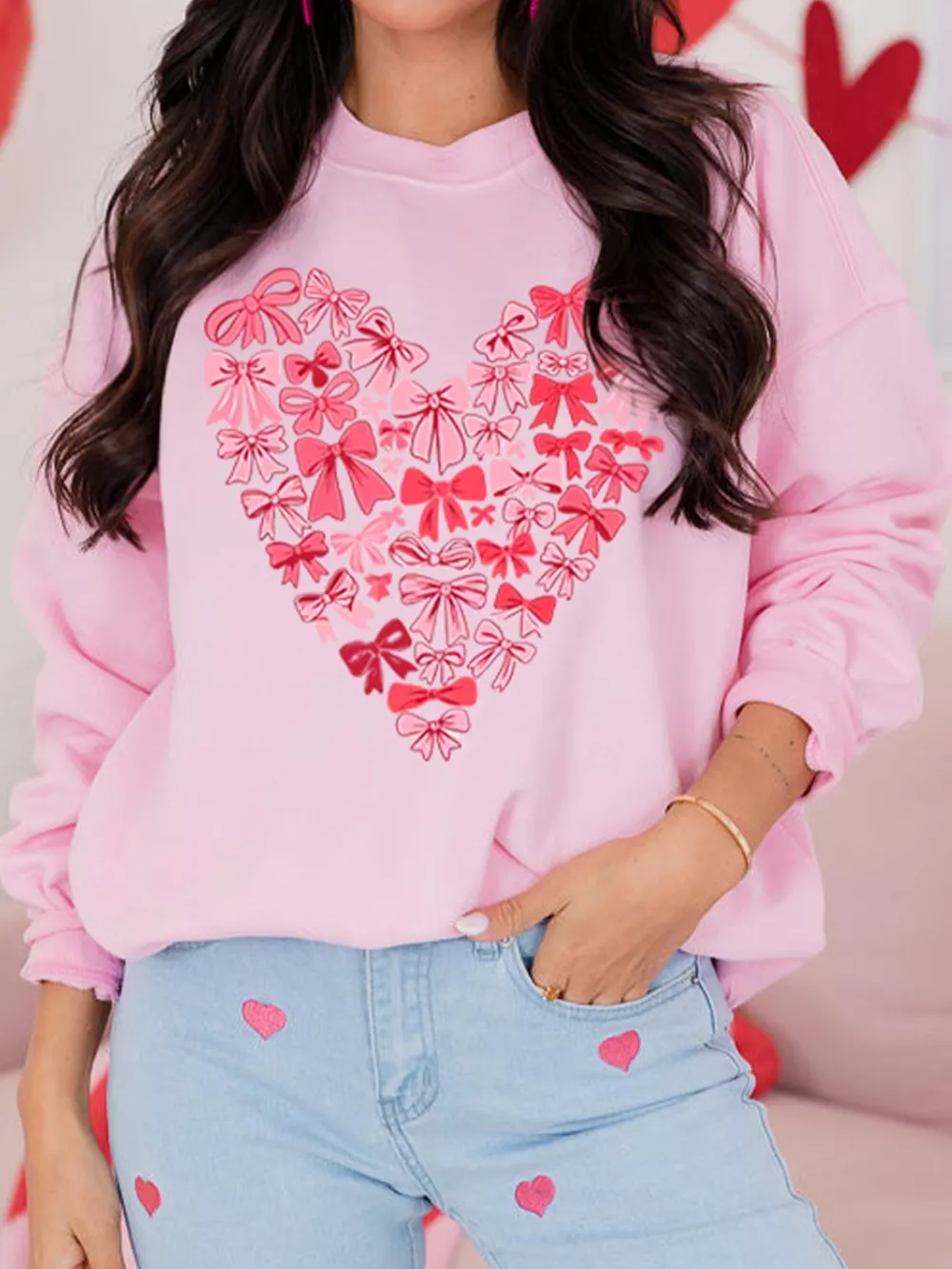 Bow Printed Big Heart Valentines Day Pullover Sweatshirt