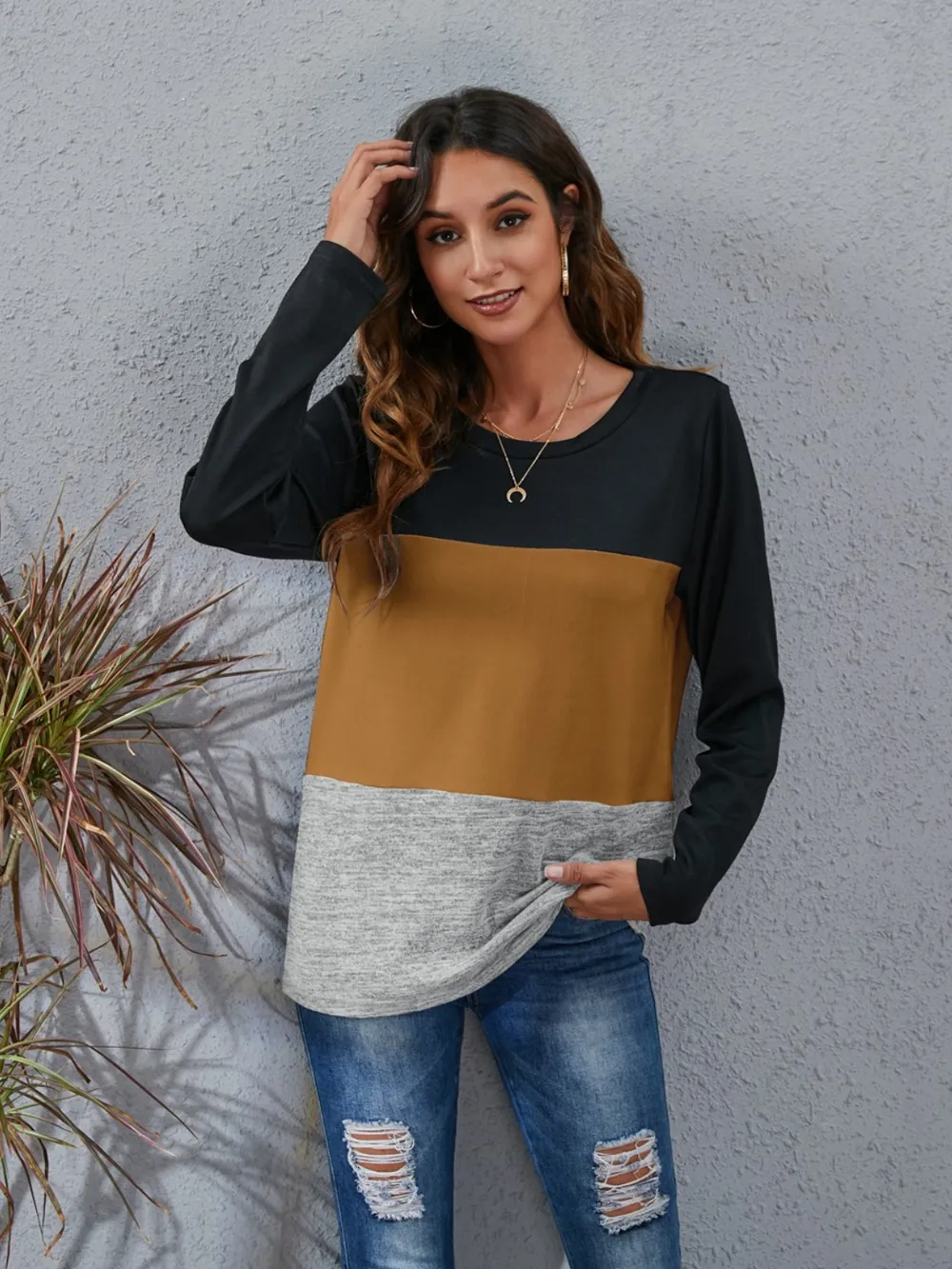 Color Block Round Neck Long Sleeve T-Shirt, image 16
