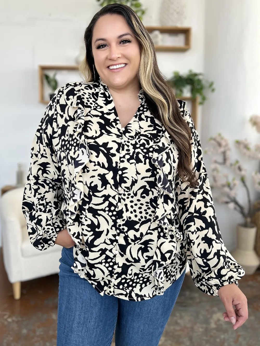 Full Size Printed Ruffle Trim Balloon Sleeve Shirt, image 7