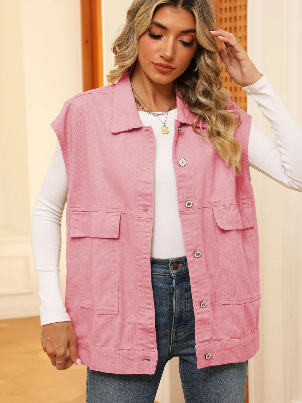 Pocketed Button Up Sleeveless Denim Jacket, image 8