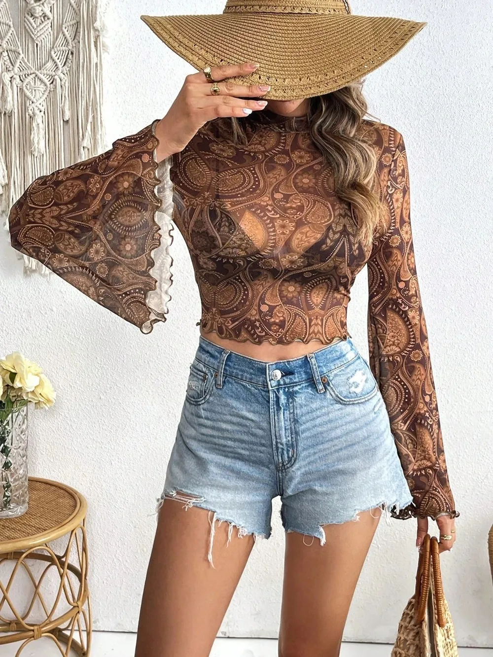 Printed Mock Neck Long Sleeve Cropped T-Shirt, image 5
