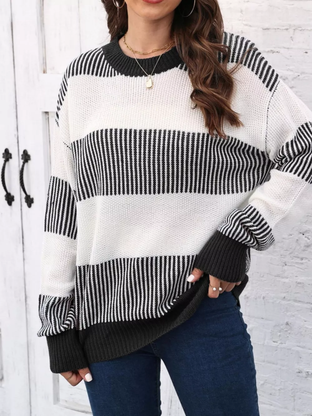 Full Size Color Block Dropped Shoulder Sweater Plus Size
