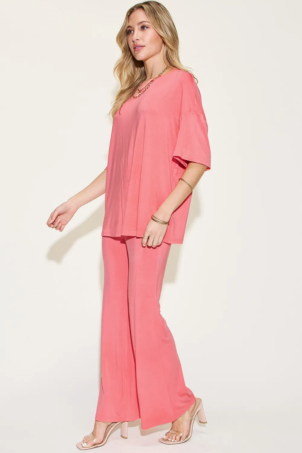 Full Size Bamboo Drop Shoulder T-Shirt and Flare Pants Set, image 9