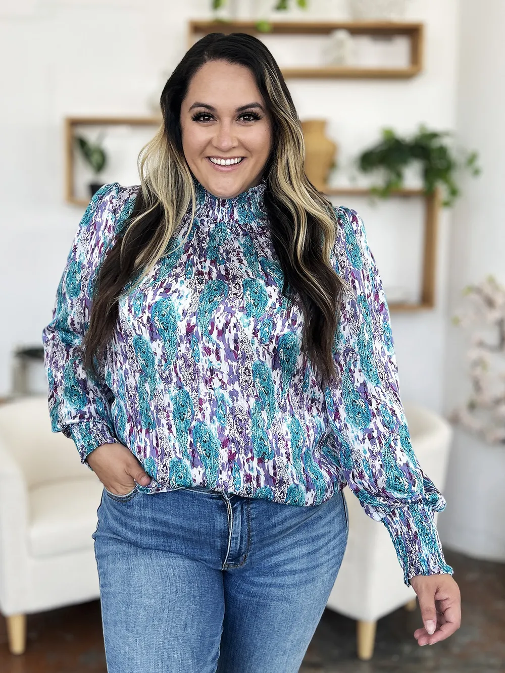 Full Size Printed Smocked Long Sleeve Blouse, image 18