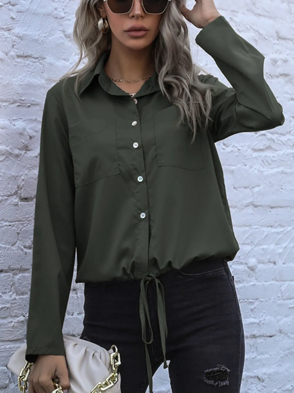Tied Hem Button Down Long Sleeve Shirt, image 2