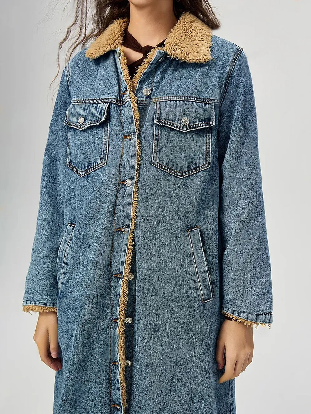 Pocketed Button Up Denim Jacket with Fur Lining, image 5