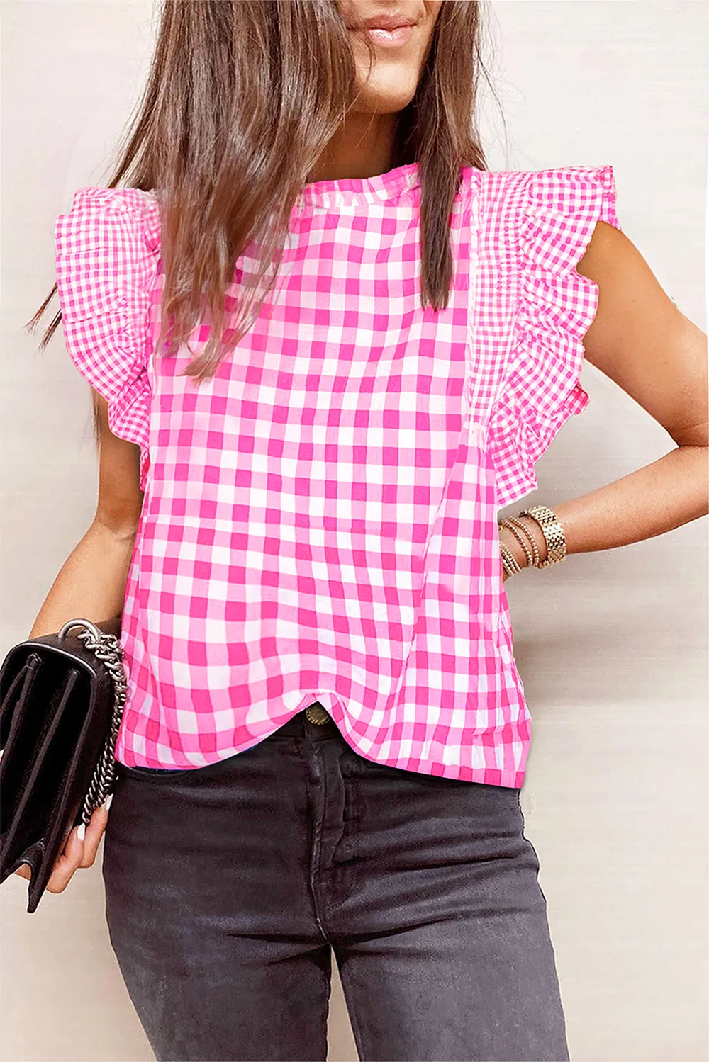 Ruffled Plaid Mock Neck Cap Sleeve Blouse, image 3