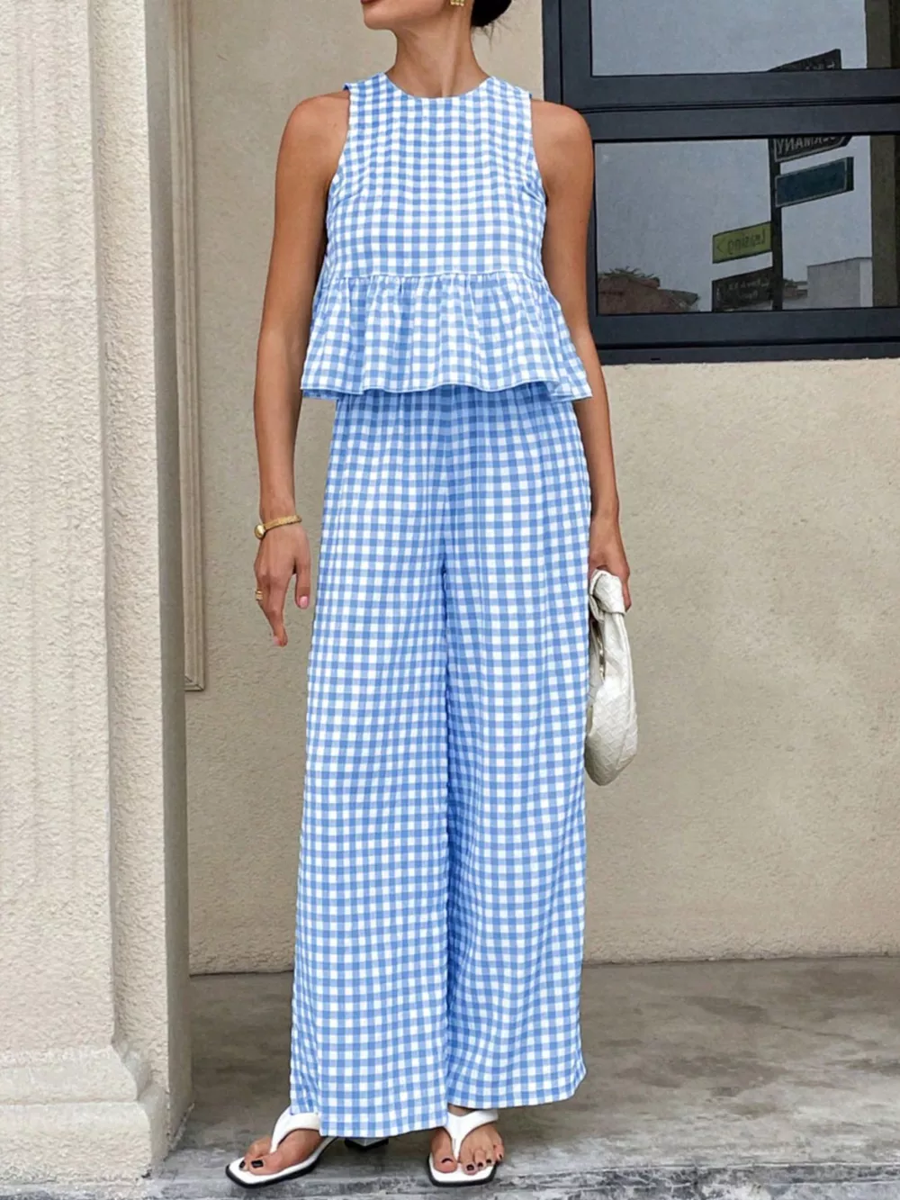 Gingham Sleeveless Top and Wide-Leg Pants Set, image 10