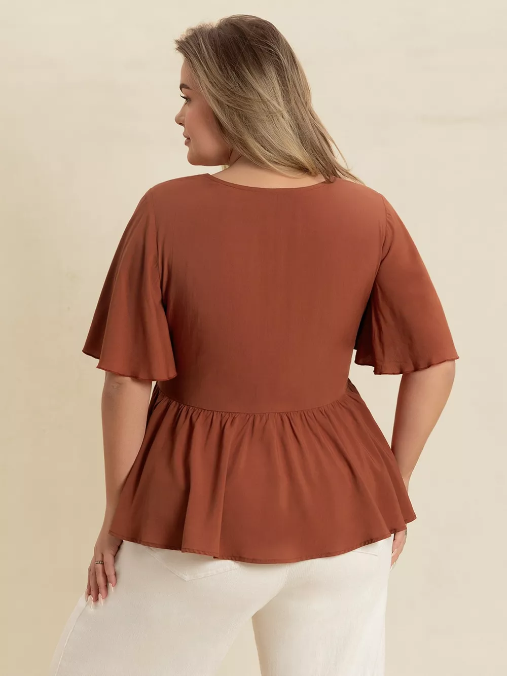 Plus Size Embroidered V-Neck Flutter Sleeve Blouse, image 6