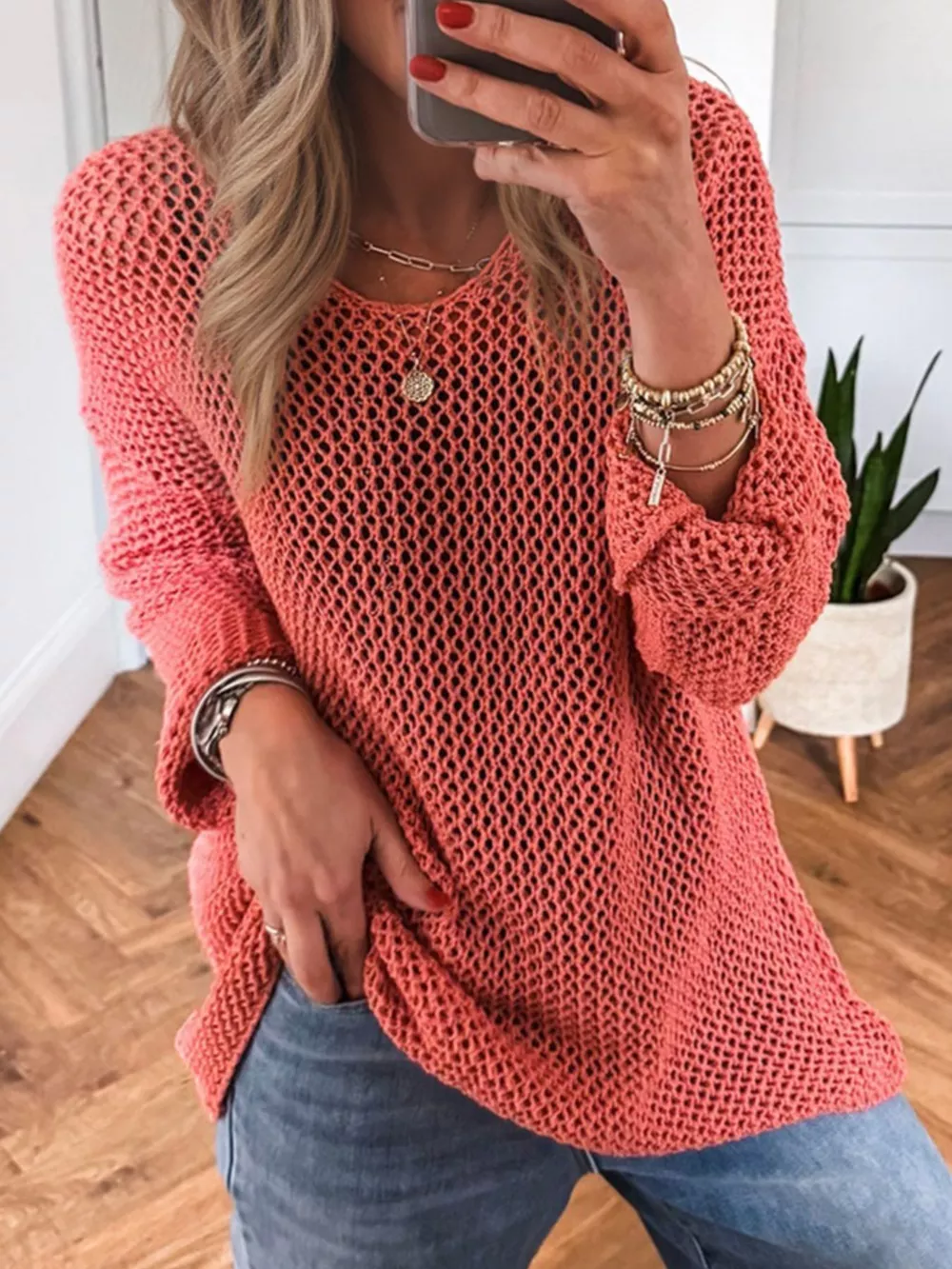 Crochet Hollow Out Long Sleeve Knit Top, image 4