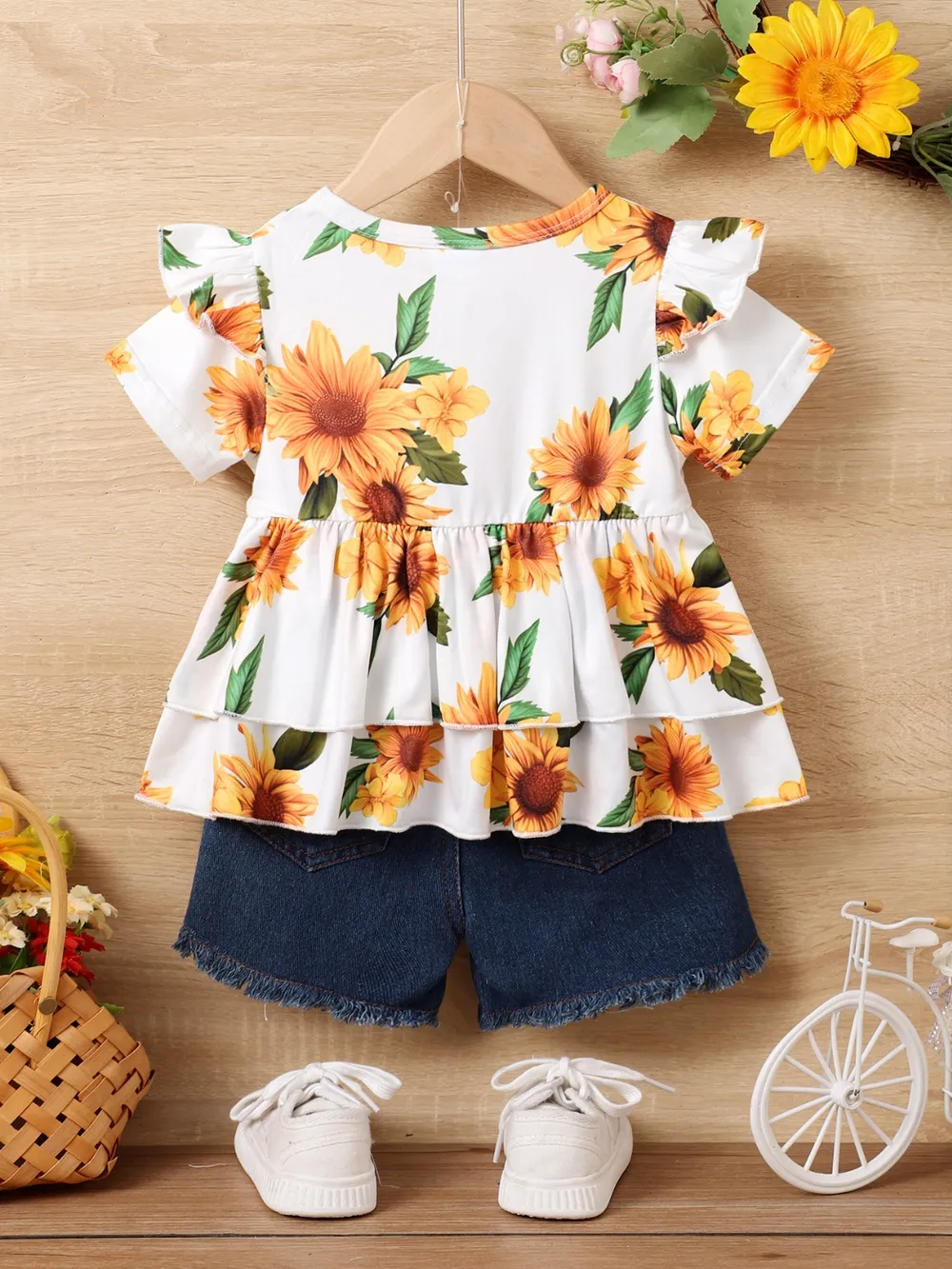 Children's Sunflower Ruffled Short Sleeve Top and Shorts Set, image 6