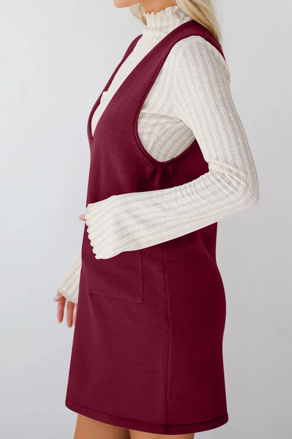 Pocketed V-Neck Mini Sweater Overall Dress, image 6