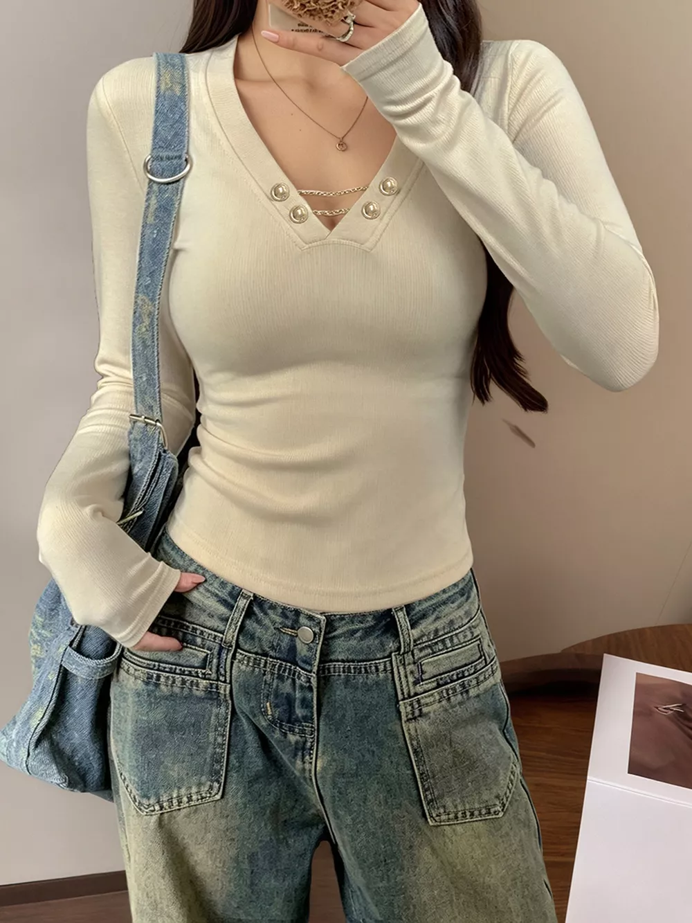 Decorative Pearl Buttons V-Neck Long Sleeve T-Shirt, image 3