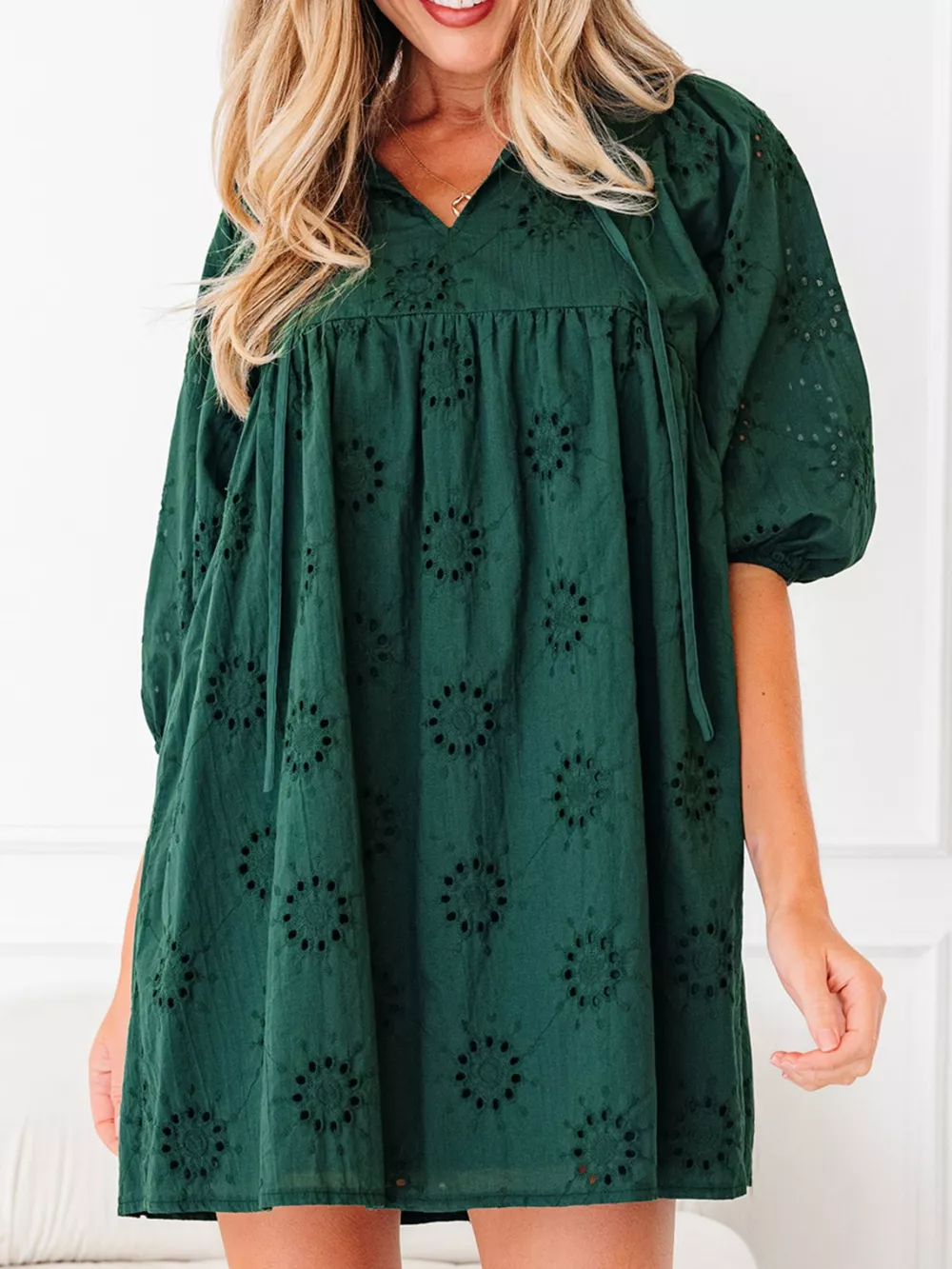 Embroidered Eyelet Pattern 3/4 Puffy Sleeve Swing Mini Dress, image 4
