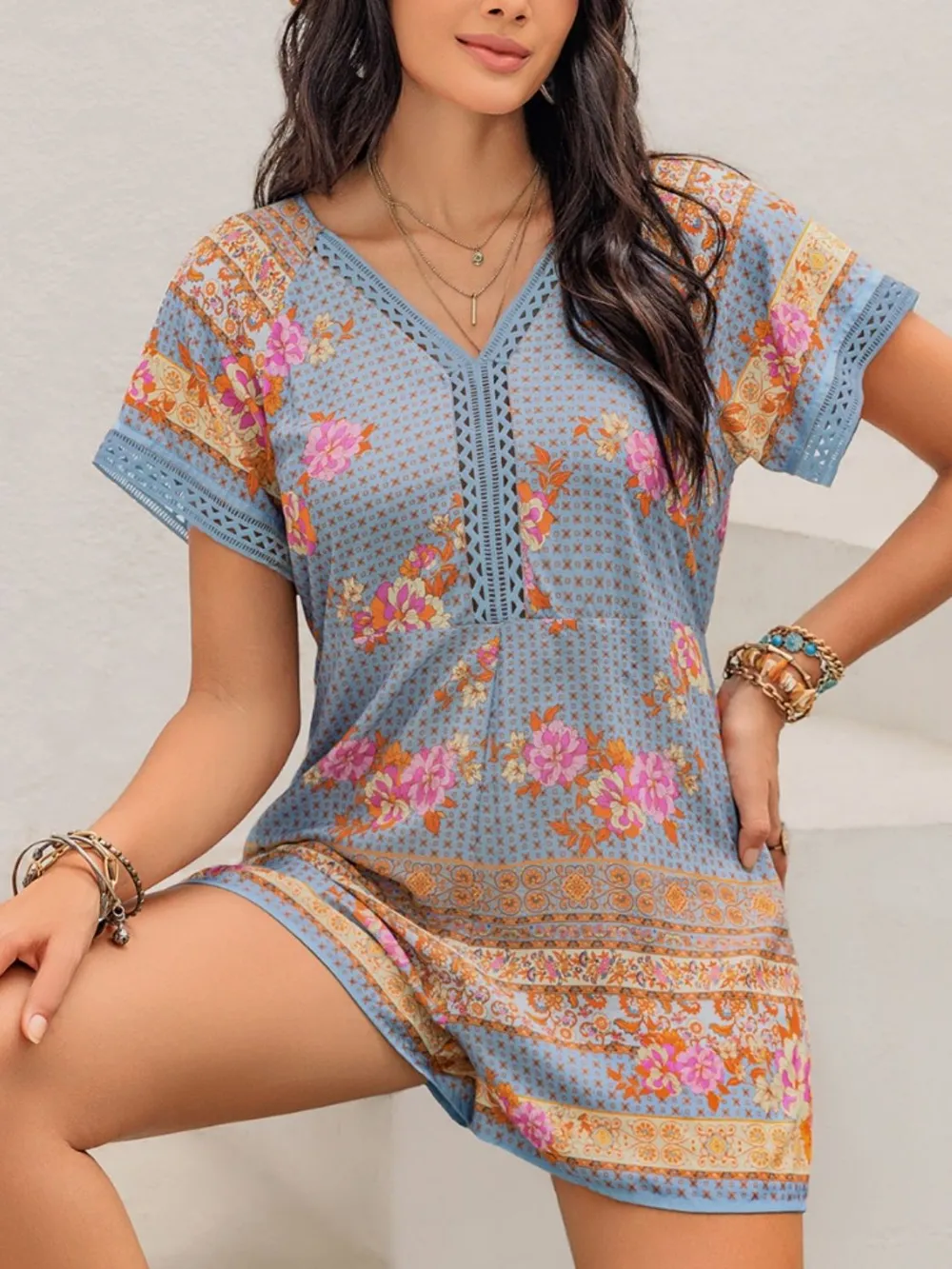 Printed V-Neck Short Sleeve Romper, image 4