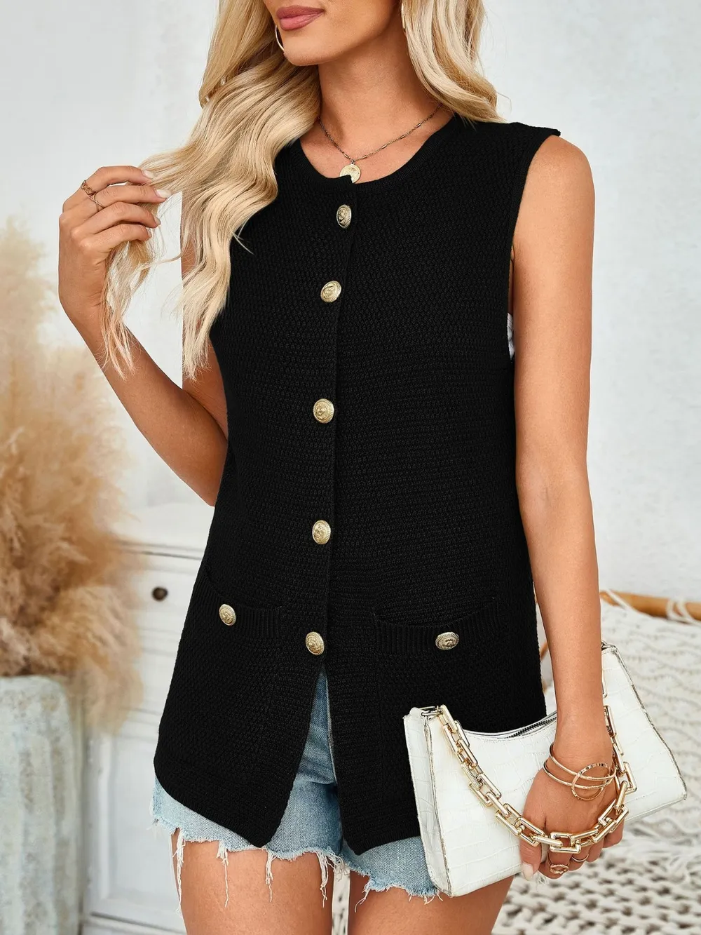 Button Down Round Neck Knit Vest, image 15