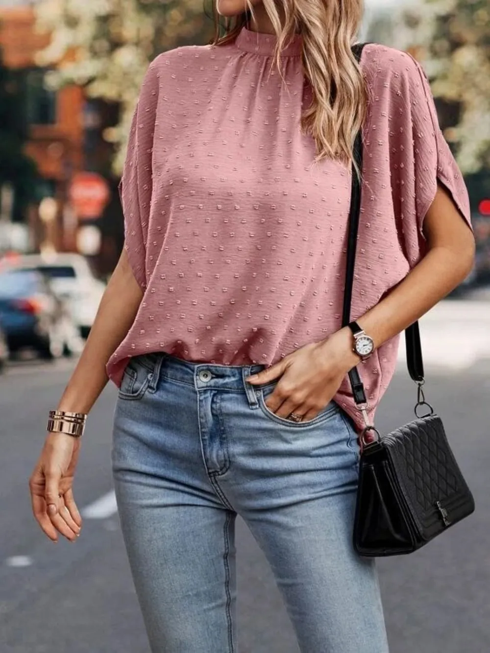 Swiss Dot Mock Neck Half Sleeve Blouse, image 25