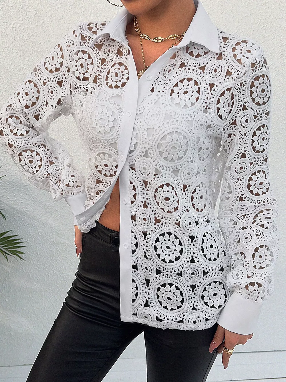 Lace Button Up Long Sleeve Shirt, image 2