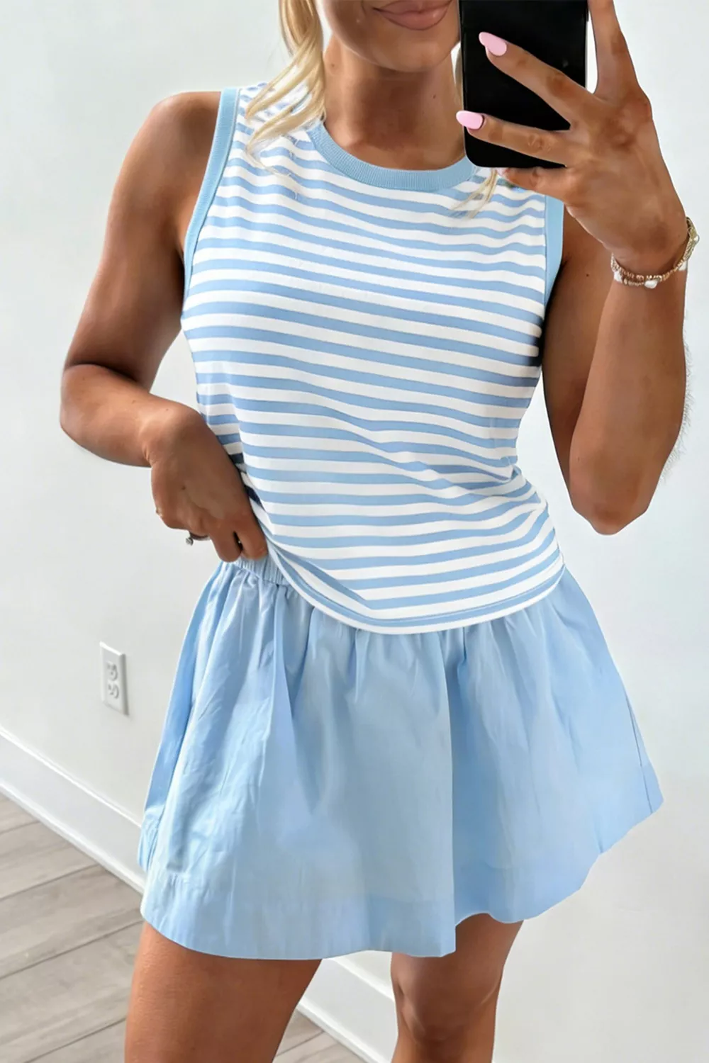 Stripe Slim Tank Contrast Ruffle Mini Skort Set, image 2