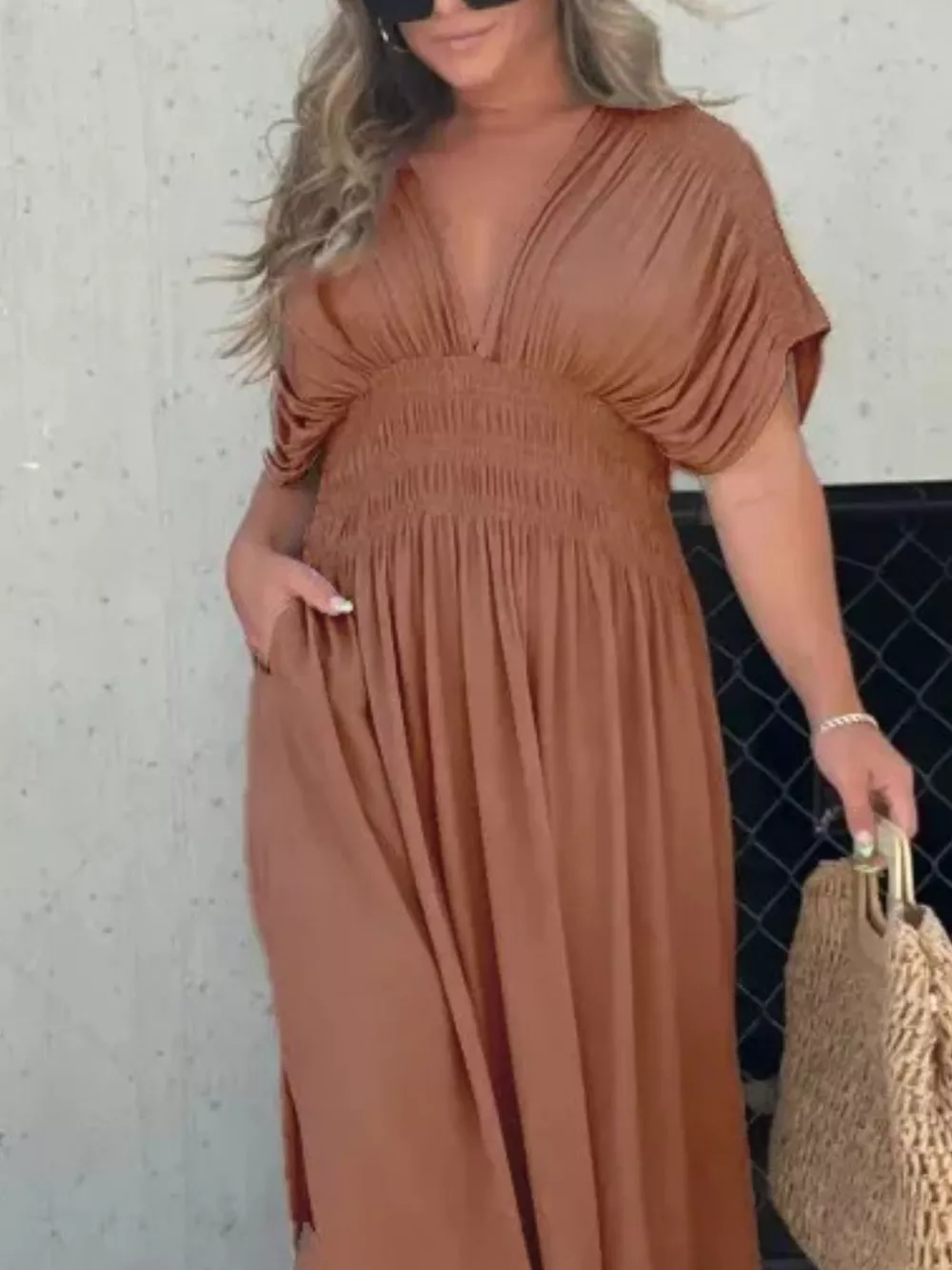 Full Size Slit V-Neck Smocked Waist Maxi Dress Plus Size, image 28