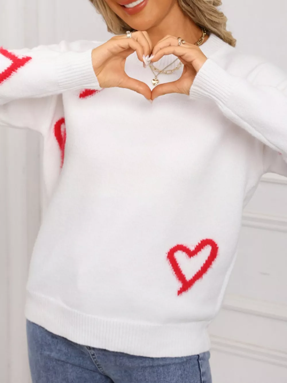 Valentine's Day Heart Print Crew Neck Sweater, image 13