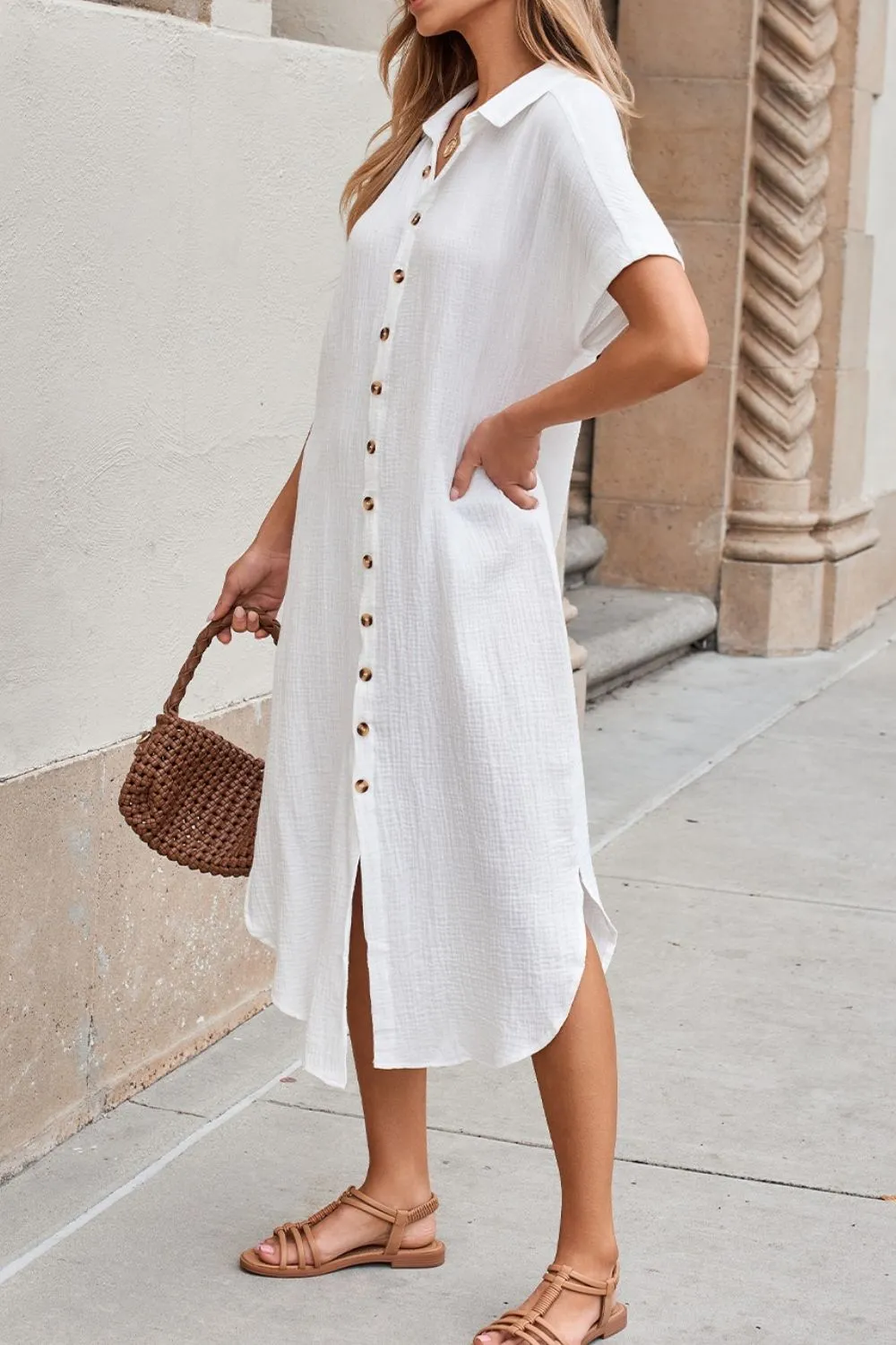Button Down Short Sleeve Midi Shirt Dress, image 10