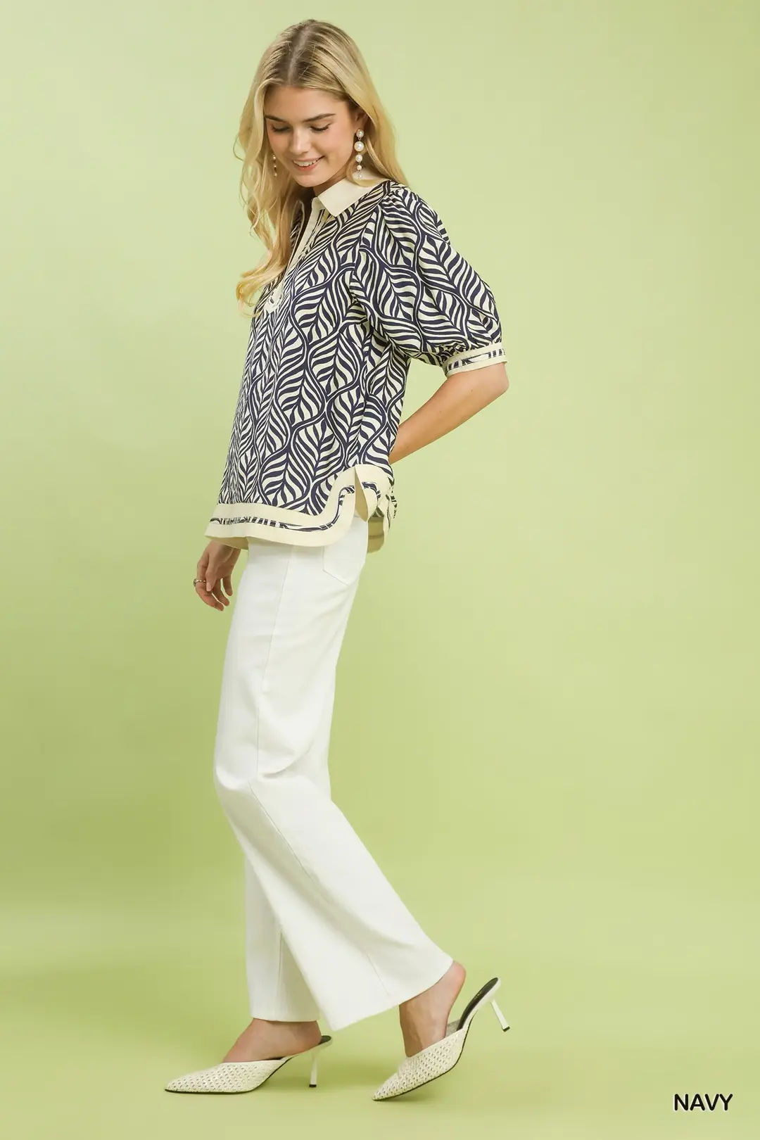 Geometric Leaf Print Popover Top, image 3
