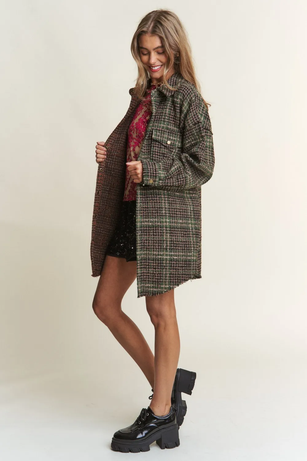 Snap Down Tweed Plaid Contrast Longline Shacket, image 4