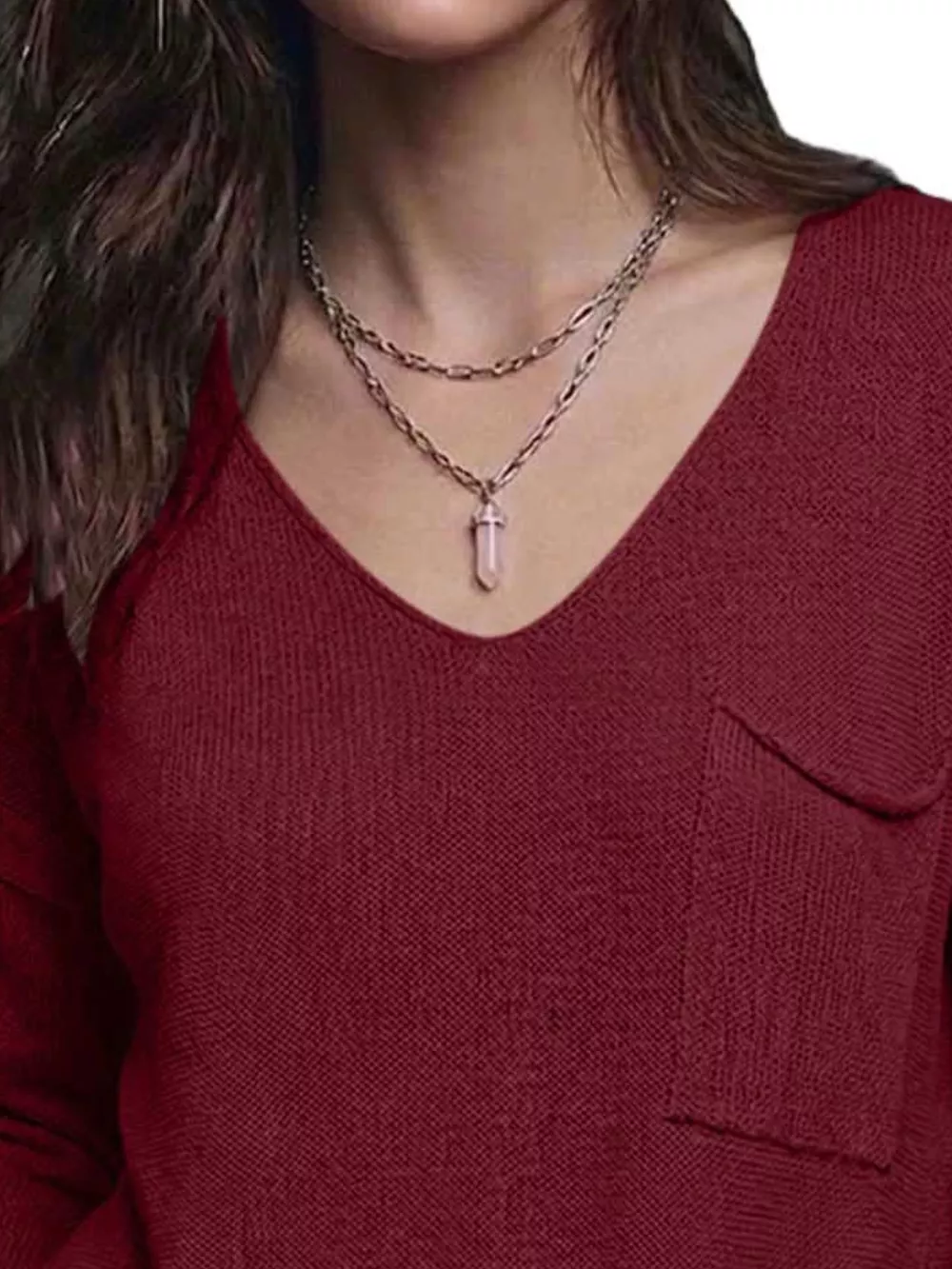 V-Neck Chest Pocket Knit Top, image 8