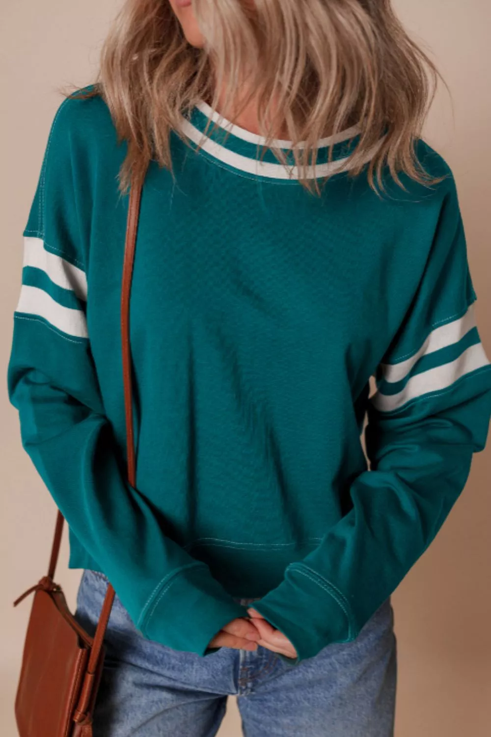 Contrast Striped Patchwork Round Neck Drop Shoulder Sweatshirt, image 7