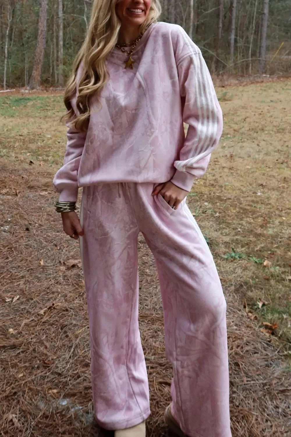 Abstract Print Side Stripe Detail Long Sleeve Top Loose Pants Set, image 3