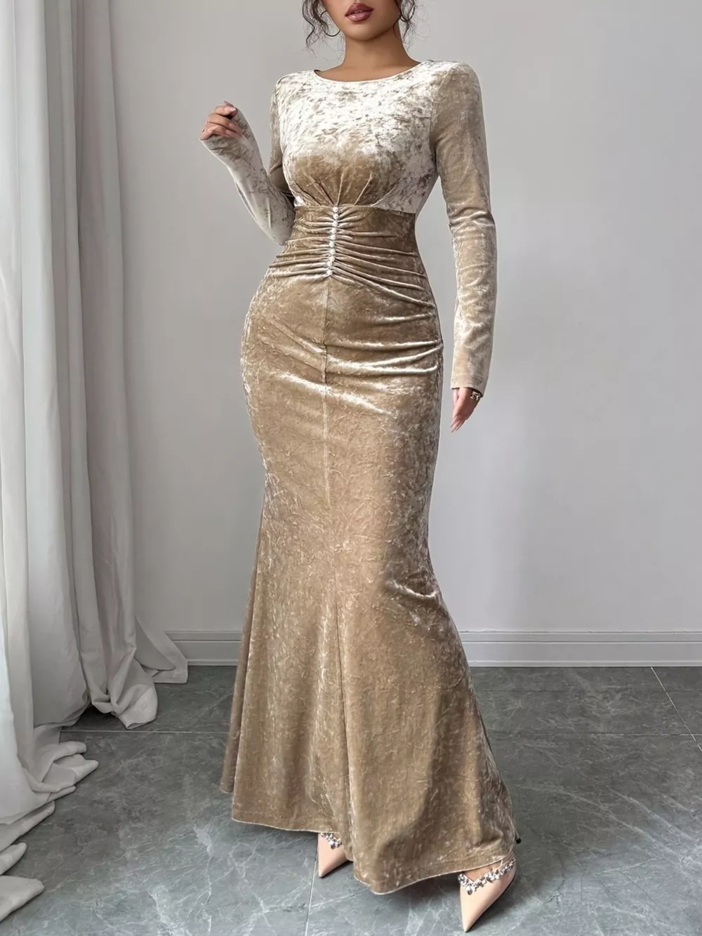 Velvet Ruched Bodycon Maxi Dress, image 3