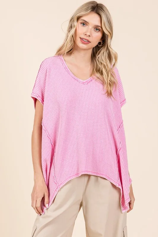 Mineral Wash Waffle Knit Pointed Hem Oversized Top