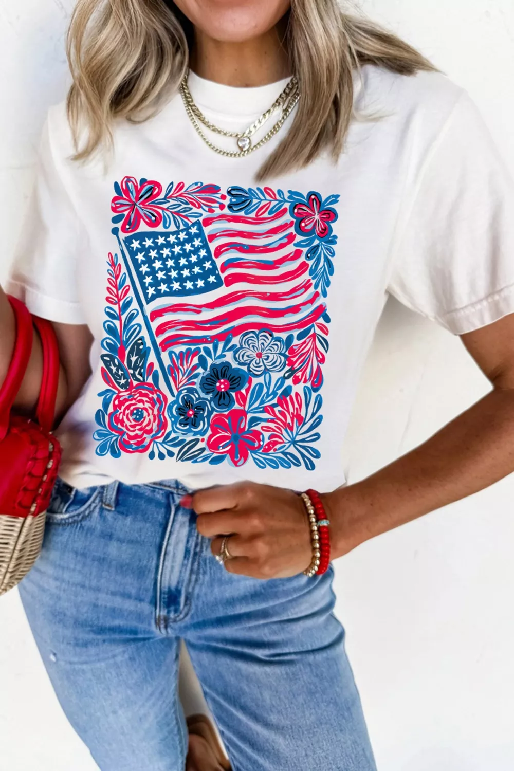 Floral Flag Aesthetics Patriotic Graphic T Shirt, image 2