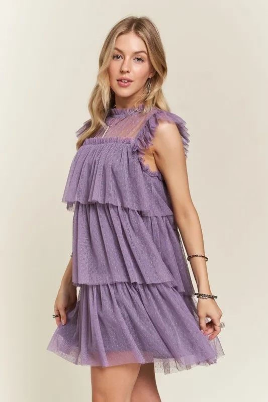 Layered Ruffled Cap Sleeve Mesh Dress, image 2