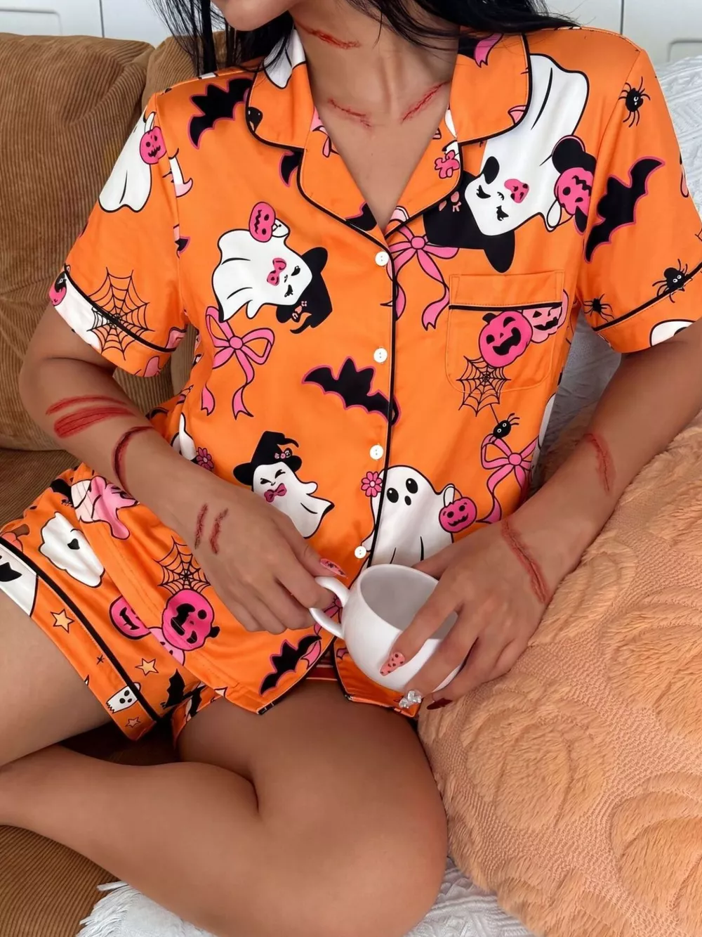 Halloween Ghost Print Button-Down Top and Shorts Lounge Set, image 2