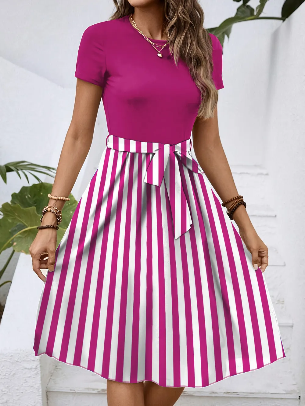 Striped Round Neck Short Sleeve Dress, image 11