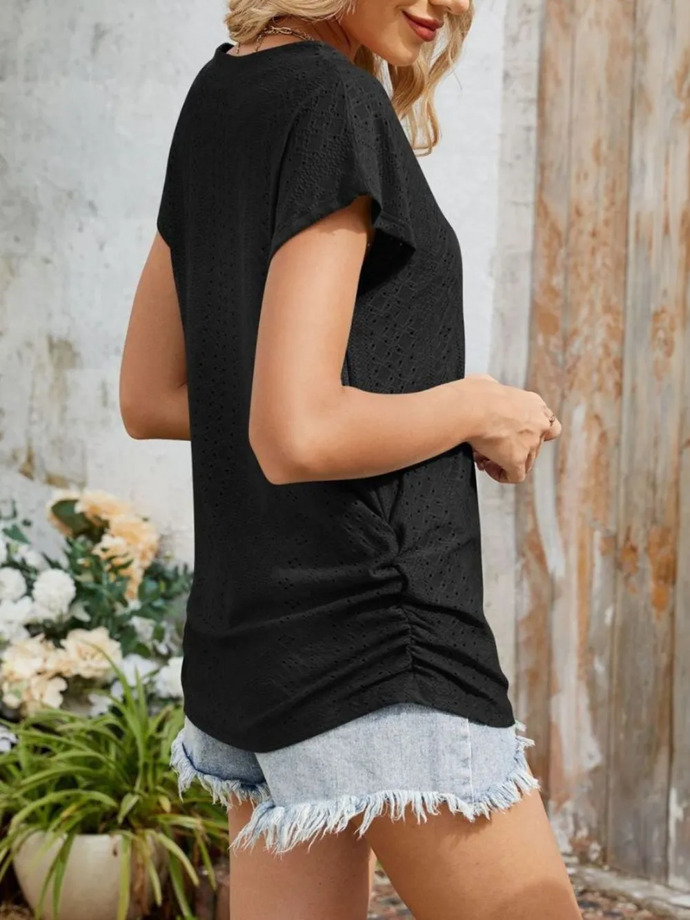 Eyelet V-Neck Short Sleeve Top, image 20