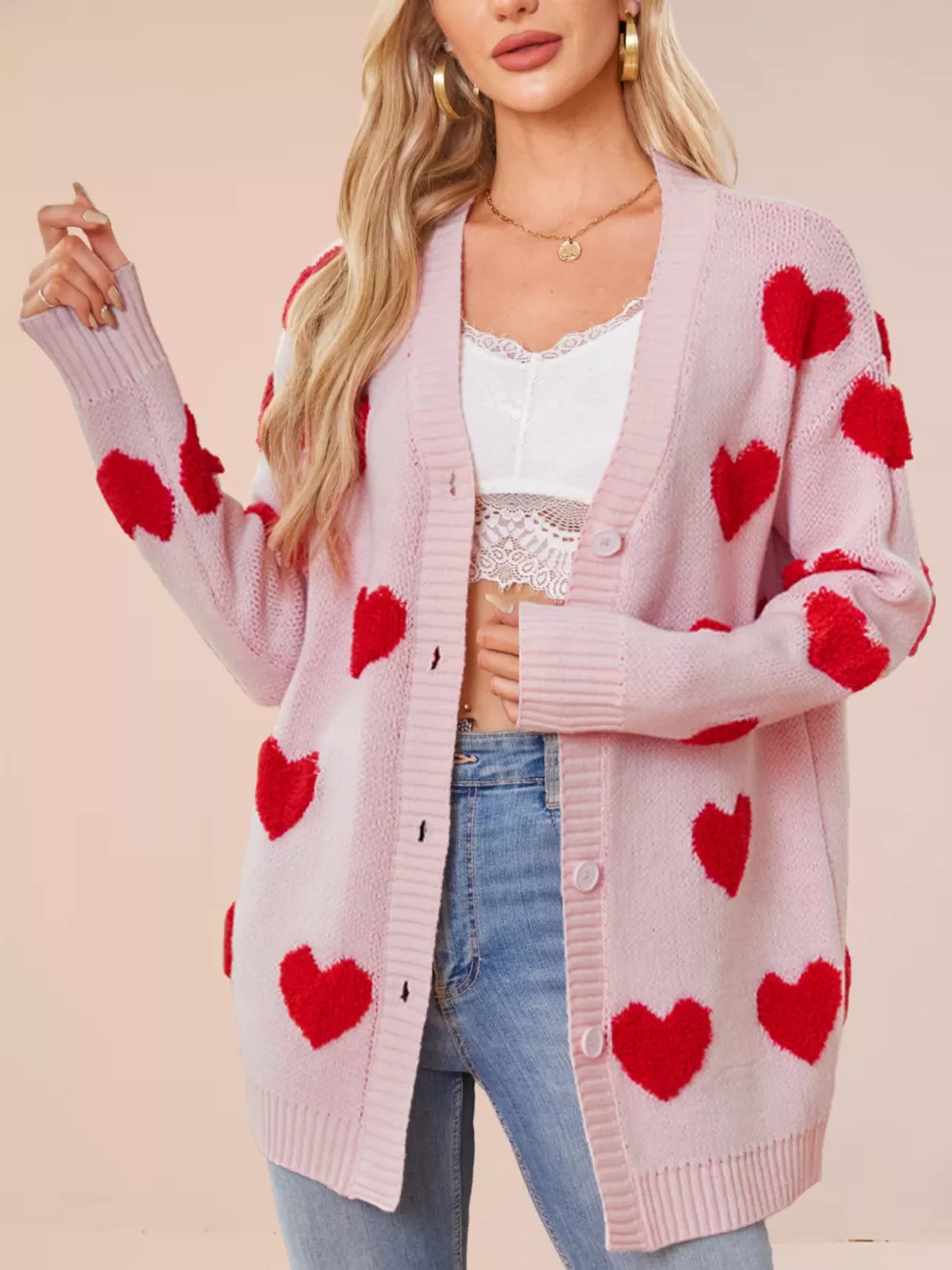 Heart Pattern Knit Button-Up Cardigan, image 2