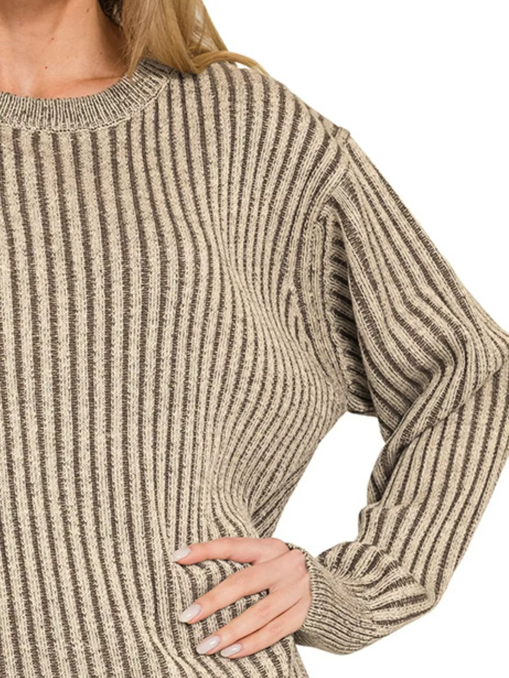 Curved Hem Two-Tone Ribbed Sweater, image 2