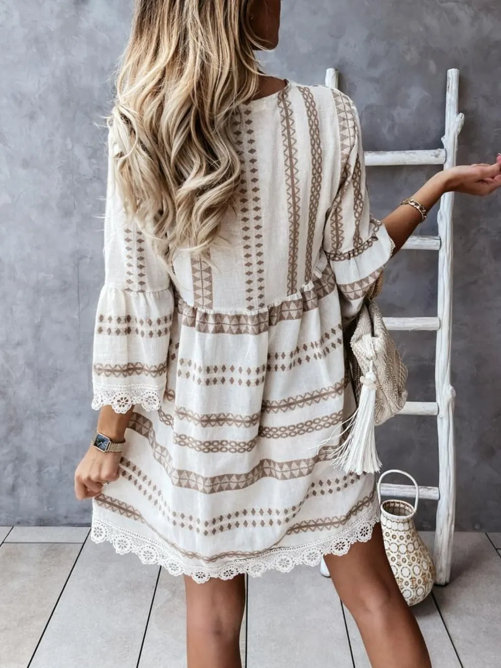 V-Neck Lace Trim Striped Babydoll Dress, image 4