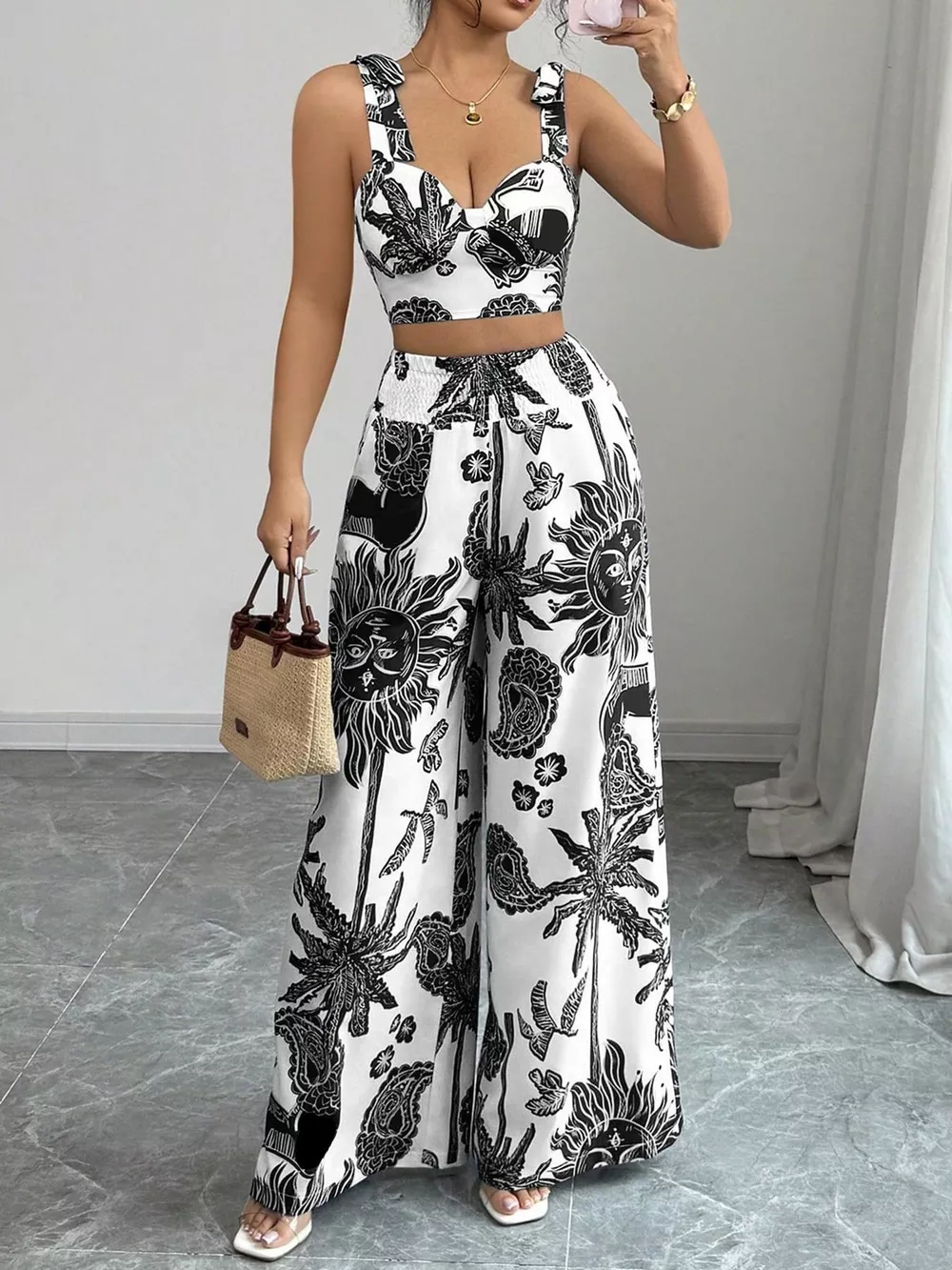 Floral Print Crop Top and Wide Leg Pants Set, image 12