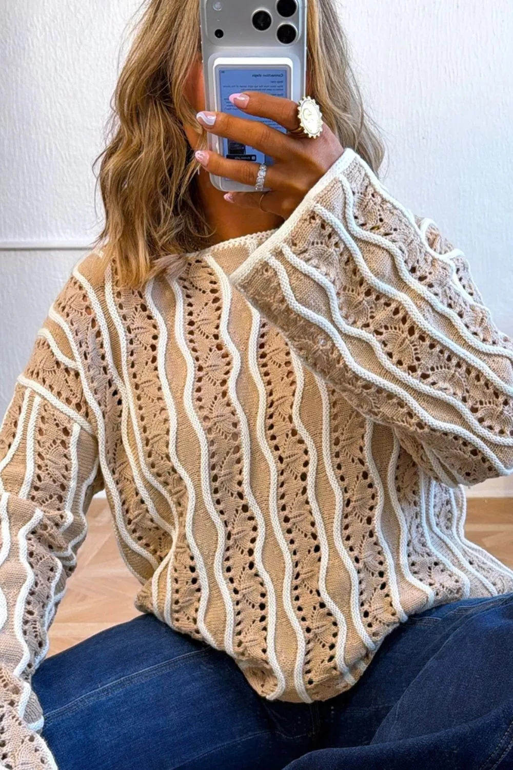 Contrast Wavy Striped Openwork Knit Top, image 4