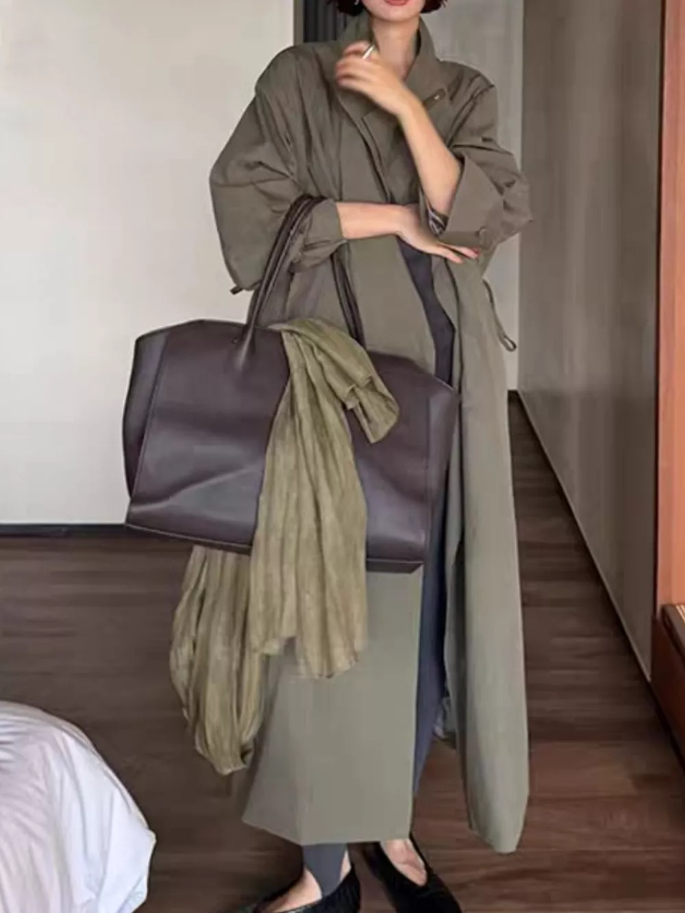 Drawstring Open Front Longline Trench Coat, image 8
