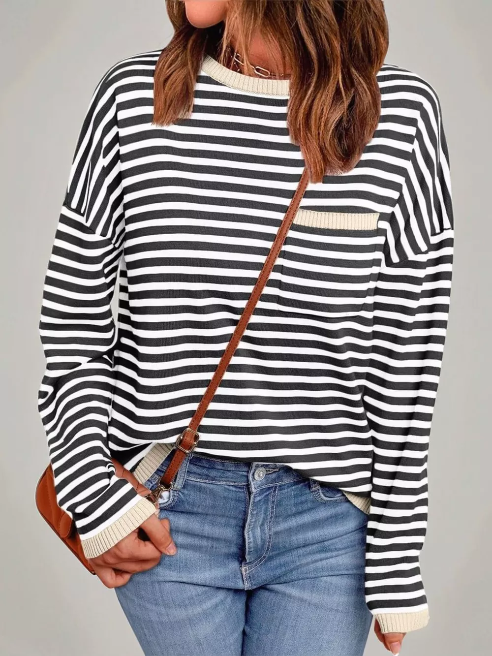 Striped Round Neck Long Sleeve Knit Top, image 16