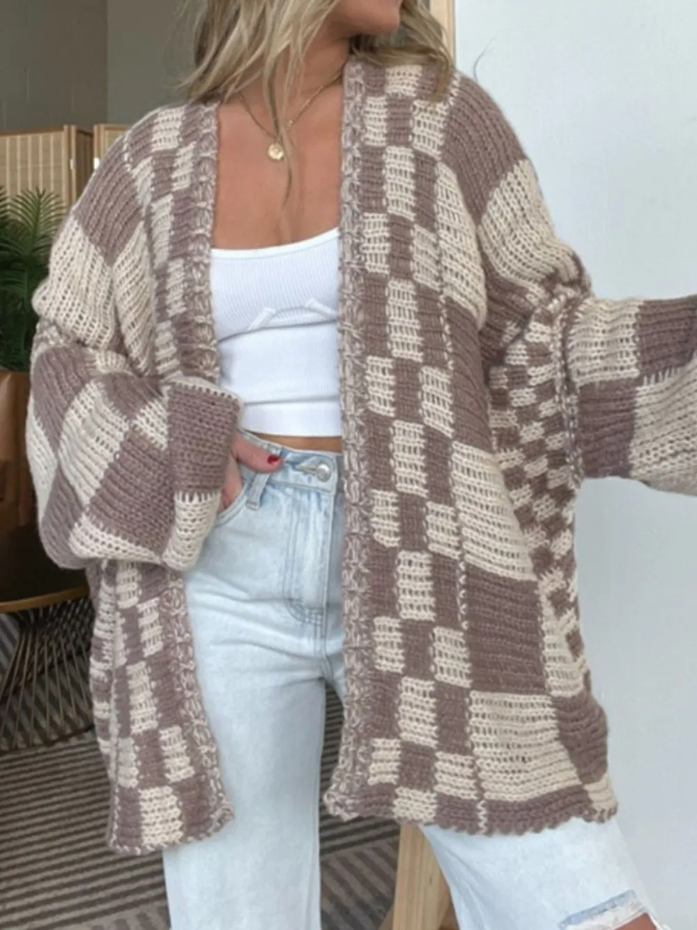 Plaid Open Front Long Sleeve Cardigan, image 4