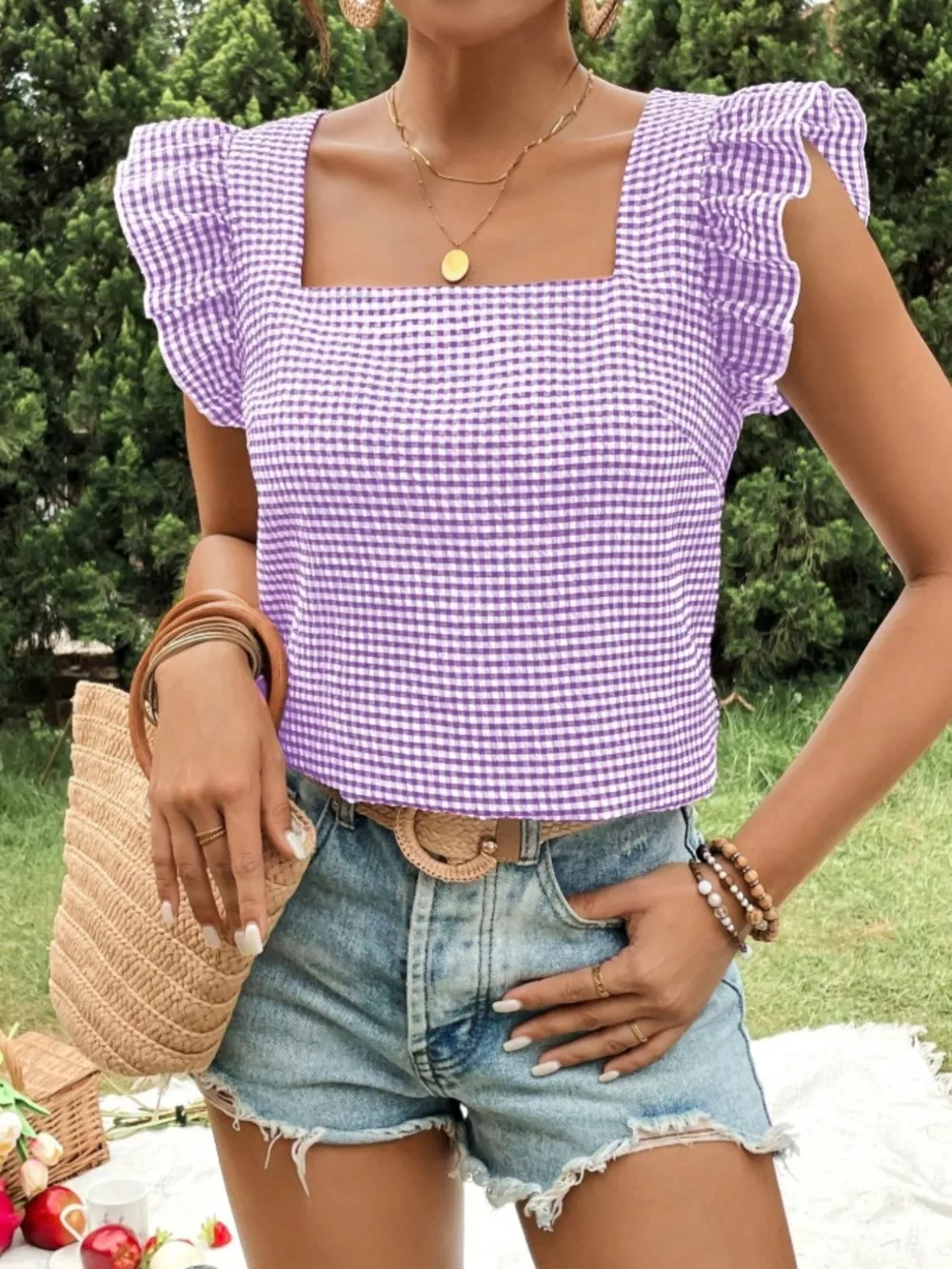 Gingham Ruffle Sleeve Square Neck Blouse, image 11