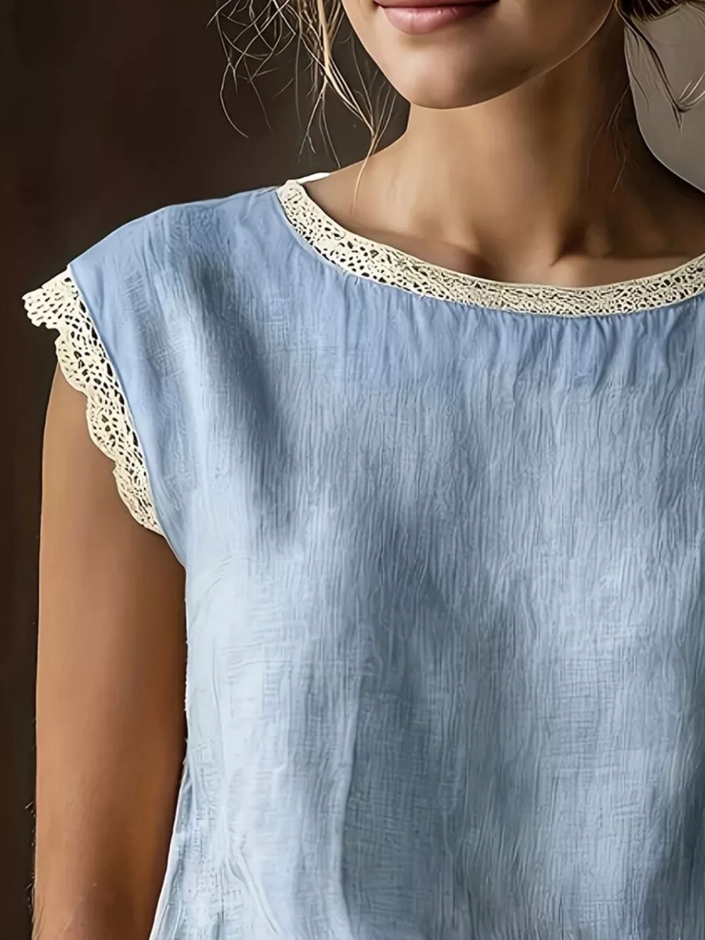 Lace Trim Round Neck Sleeveless Blouse, image 4