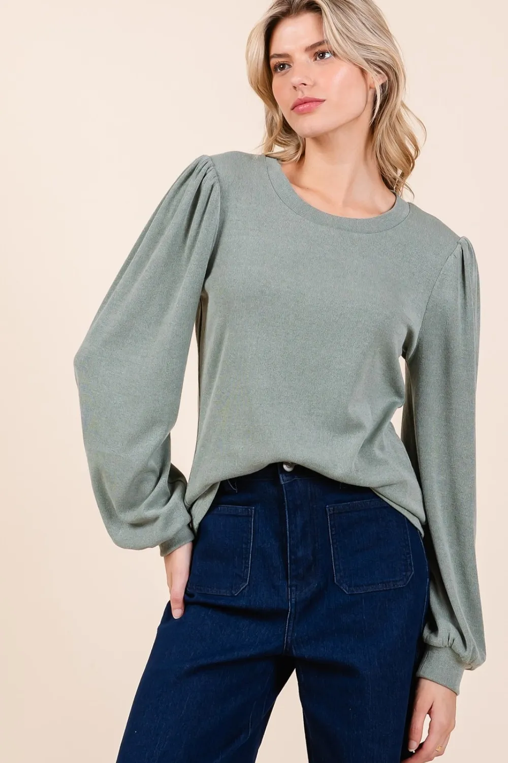 Round Neck Long Sleeve Rib Knit Top, image 3