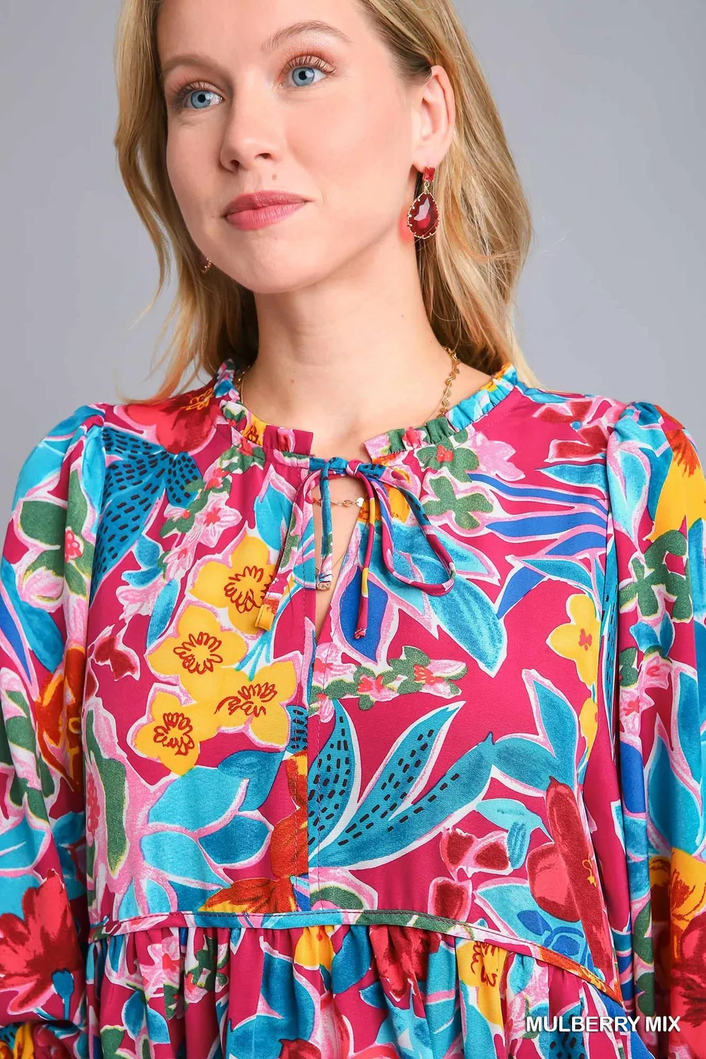 Full Size Floral Print Tie Neck Midi Dress with Pockets Plus Size, image 3